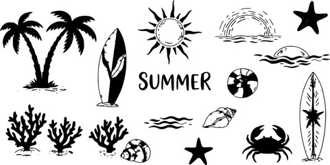 Summer boho vintage icon set. Hand drawn palm tree, sun and sea, seashells, coral, crab in naive groovy style. Tropical surf club concept, vacation and travel. Vector illustration