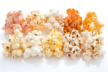 A colorful assortment of popcorn clusters arranged on a bright white surface in a studio setting