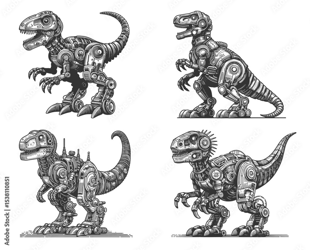Poster robot dinosaurs combining mechanical parts with dinosaur anatomy set collection bundle sketch engrav