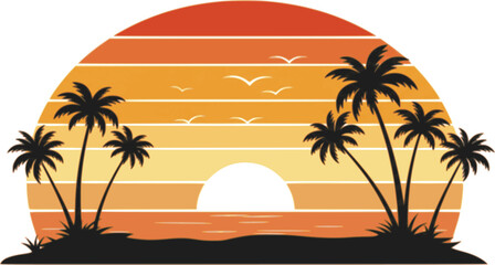 Obraz premium retro sunset beach palm trees silhouettes vector illustration
