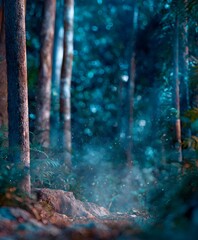 Misty forest trail exploration nature landscape vibrant green environment tranquil viewpoint