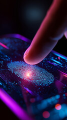 Glowing Fingerprint Scanner on Smartphone with Cyberpunk Security Interface and Data Stream