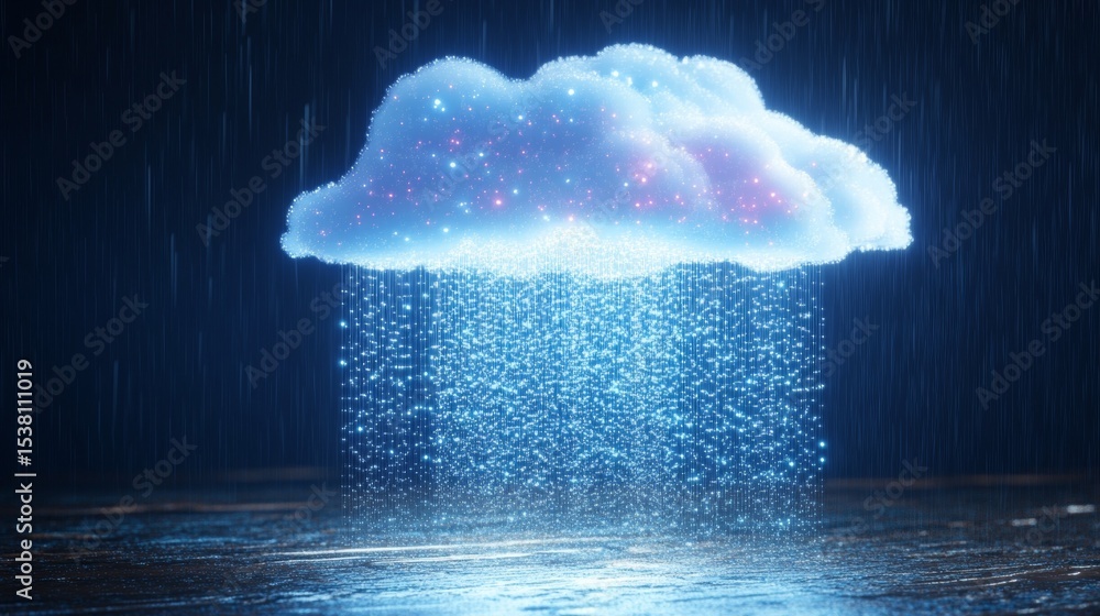 Poster abstract cloud with raining data, representing cloud computing and it solutions for businesses