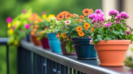 Naklejka premium A close-up of vibrant flower pots arranged on a balcony railing, with colorful blooms catching the morning light, adding charm and color to the space.