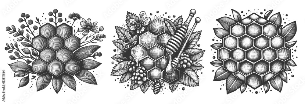 Poster honeycomb set collection bundle sketch engraving generative ai vector illustration. scratch board im