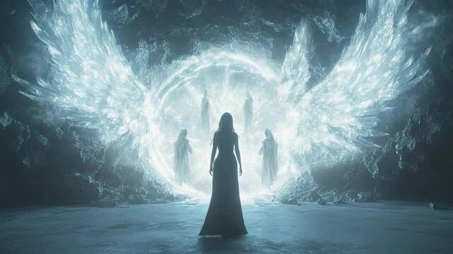 Female silhouette walk towards the angels heaven portal