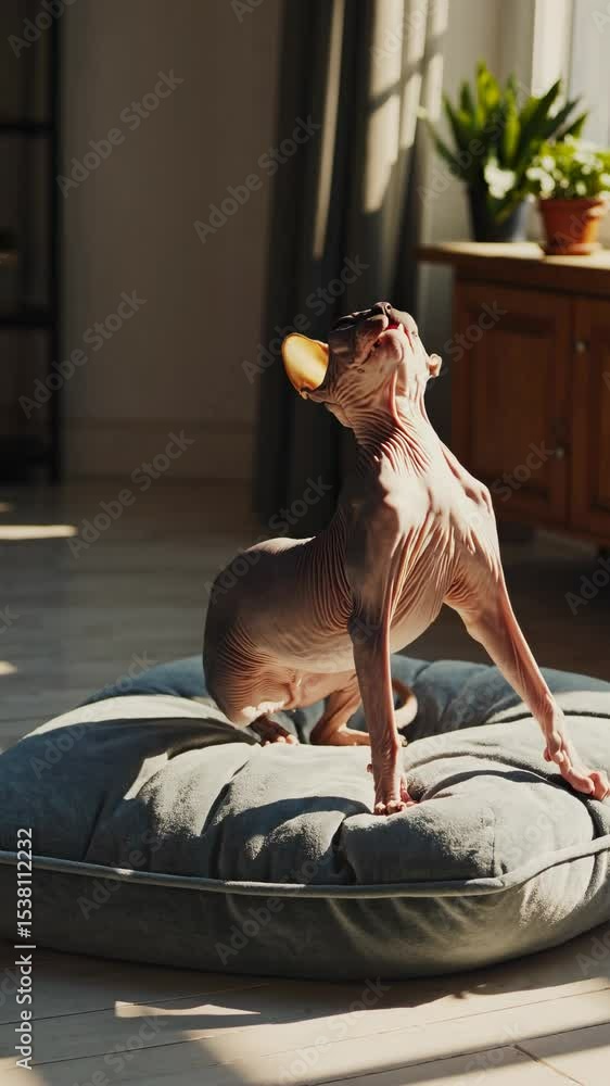Poster a sphynx cat sits on a cushion in soft natural light. the low-angle shot captures its unique feature
