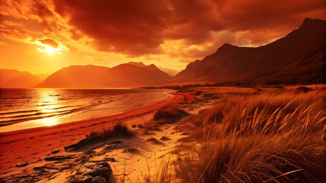 Sunset over a sandy beach with mountains in the distance and orange tinted sky and vegetation