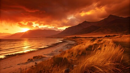 A scenic view of a beach with mountains in the background during a vibrant and colorful sunset