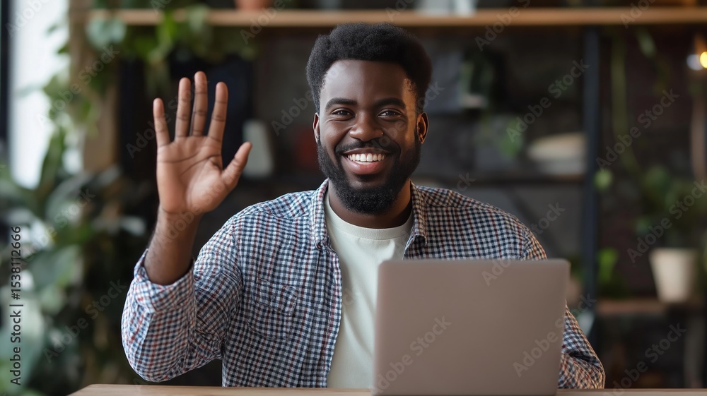Poster smiling man waves hello while working on a laptop in a tech-friendly workspace