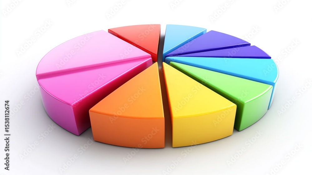 Poster a colorful d pie chart with segmented sections in vibrant shades, each piece slightly raised, castin