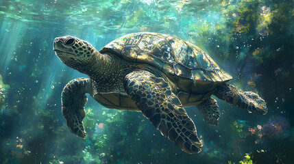 Fototapeta premium Majestic sea turtle swimming in an underwater landscape.