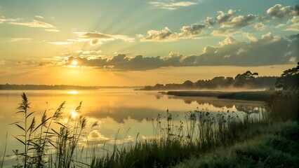 A serene lake at sunrise with golden light reflecting on the water and tall grass in the foreground