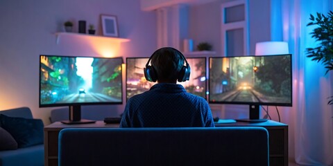 Gamer engrossed in a thrilling game at home