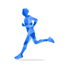 Geometric runner set in blue colors isolated on white background. Running colorful vector illustration.