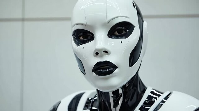 A close up of a robot with black and white makeup