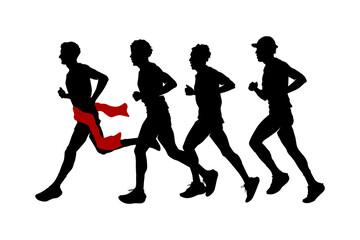 Silhouette of a person running across the finish line isolated on white background. Marathon finish line illustration.