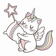 SVG art: A Peaceful Cat in a Unicorn Dreams vibe with hugging a pillow, tinted with Unicorn Dreams tones