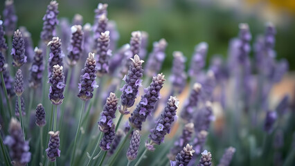 Fototapeta premium Lavender Field Close-Up: A vibrant profusion of lavender flowers, showcasing their delicate purple blooms and silvery-green foliage in a sunlit garden.