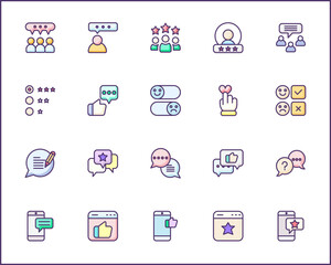 Review And feedback Icon Set. Vector collection of customer, rating, star rating, chat, testimonials, survey, support, communication, sign and element symbols or logo element.