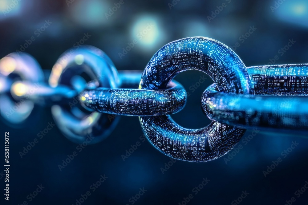 Aufkleber cyber security connection with metallic chain links represents digital technology and data safety