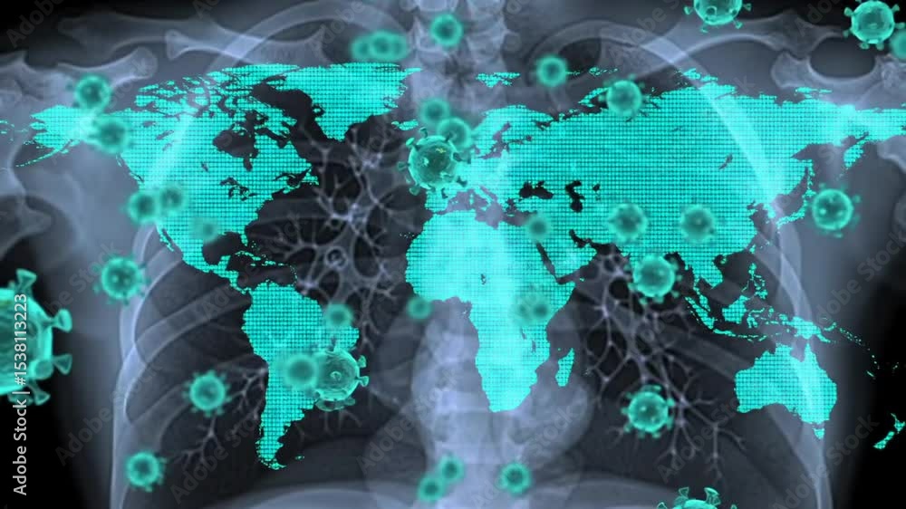 Poster x ray image overlayed with blue world map and virus particles digital composite