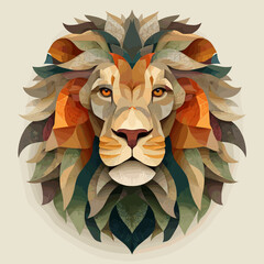 Lion head design, strong graphic lines, flat muted tones, symbolizing courage, strength, and leadership, stylized features, no gradients, white background
