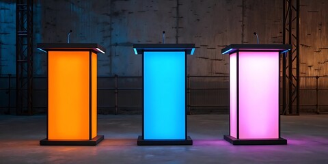 Three Colorful Debate Podiums in Industrial Setting