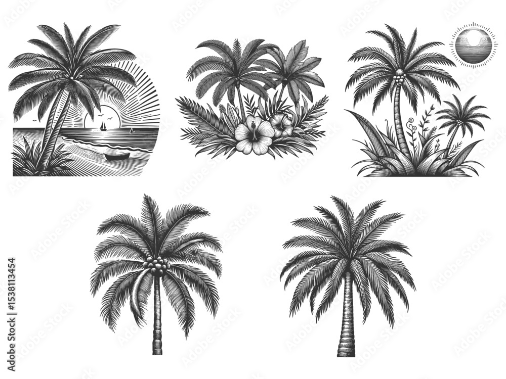 Aufkleber palm tree set collection bundle sketch engraving generative ai vector illustration. scratch board im