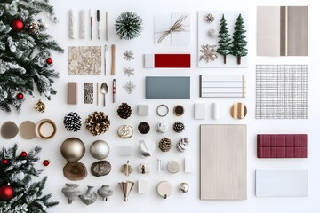 Christmas themed flat lay with tree branch, ornaments, and various decorative design elements on white