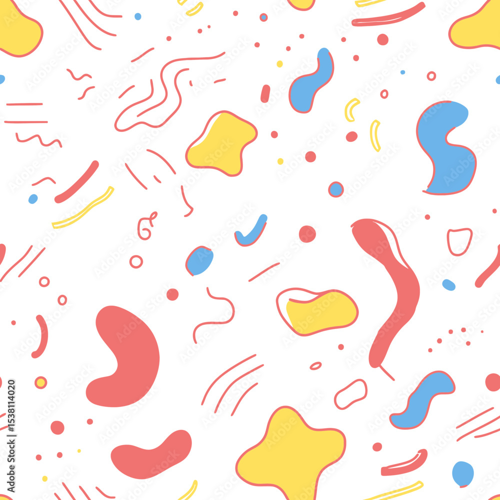 Poster abstract colorful seamless pattern with wavy and squiggly minimalist shapes in yellow blue red and b