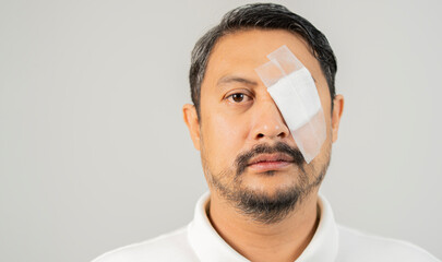 Portrait of a adult Asain man has an eye injury, putting a bandage on it, standing on white...