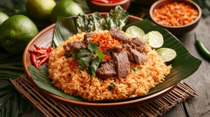 Fototapeta premium A colorful presentation of beef rice on a bamboo mat, surrounded by chili flakes and herbs, emphasizing the traditional elements of this popular dish.