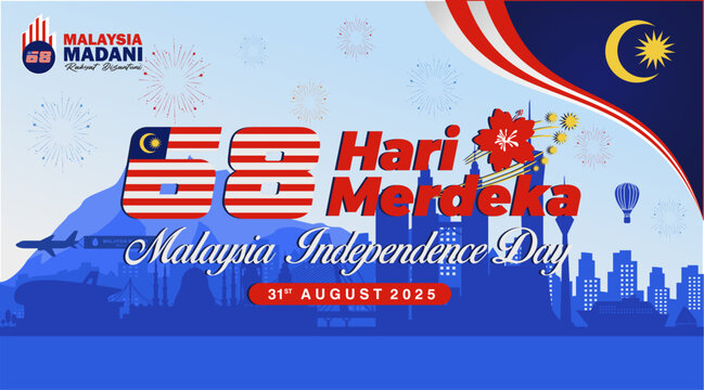 68th Hari Merdeka Vector Illustation. Translate : 68th anniversary of Malaysia Independence Day. Malaysia Independence Day August 31, 2025 banner, background, template, poster, flyer and greeting.