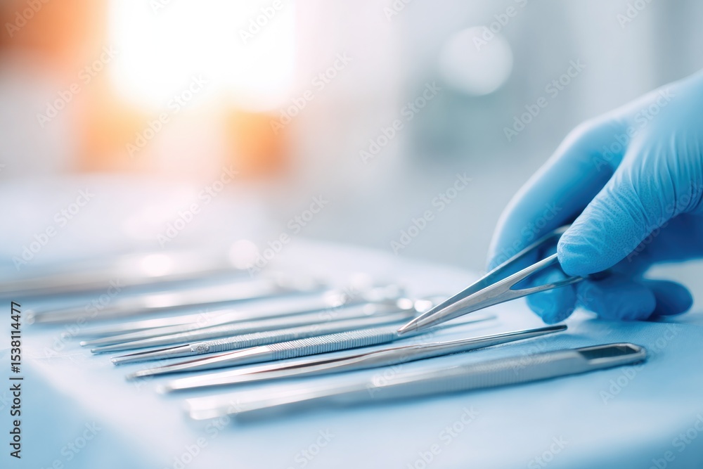 Aufkleber close-up of surgical instruments on sterile table with soft light emphasizing their precision
