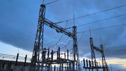 Rising chart animation over electrical energy distribution grid symbolizing increasing electricity prices and household energy bills