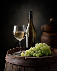 Obraz premium Glass and bottle of white wine resting on rustic barrel with grapes