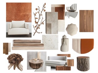 Mood board featuring furniture, wood textures, and natural elements on a white background layout design