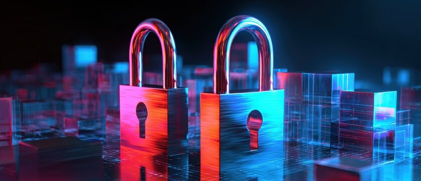 Stylish digital locks representing security and technology on a vibrant neon background.
