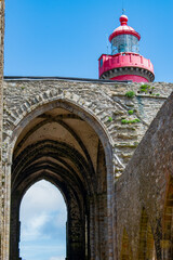 Finistere, France, Europe: Saint-Mathieu Lighthouse, built in 1835 among the ruins of ancient Abbey...