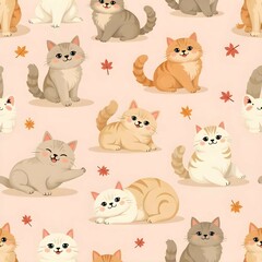 Pattern of various illustrated cats in playful poses, pastel color palette, flat vector style, seamless and clean background