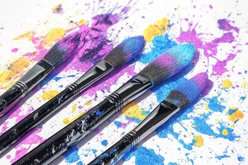 Obraz premium Color Palette Brushes: A vivid collection of paintbrushes rests amidst colorful, splashed paint. A creative composition capturing artistic spirit 