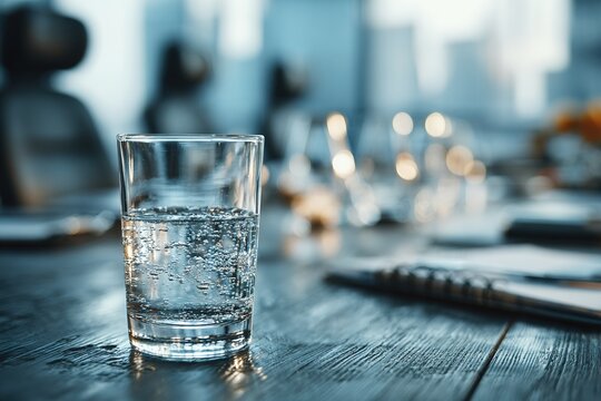 Glass of water and blurred office meeting on background. Finance trading. High quality - Powered by Adobe