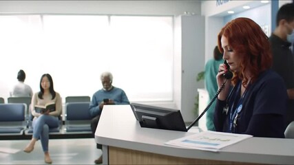 Busy Medical Clinic Waiting Room with Receptionist Answering Phone and Diverse Patients, Healthcare Facility Operations - Powered by Adobe