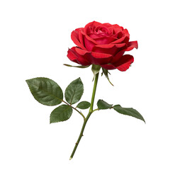Obraz premium Single red rose with stem and leaves isolated on transparent background