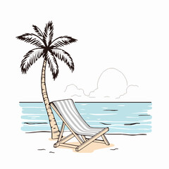 Tropical beach getaway with palm tree and deck chair illustration vacation concept