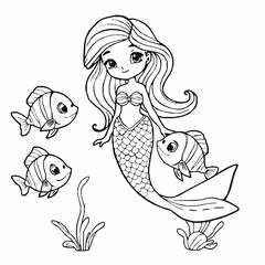 Cute mermaid with fish friends underwater world coloring page for children illustration