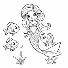 Papier peint photo Sirène Cute mermaid with fish friends underwater world coloring page for children illustration  © MotionPixel icons