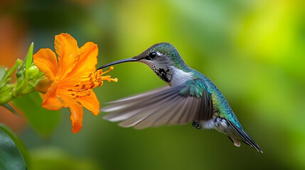 Fototapeta premium A hummingbird in flight, feeding from an orange flower.