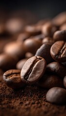 A close-up image displaying a pile of roasted coffee beans next to a mound of finely ground coffee on a dark textured surface